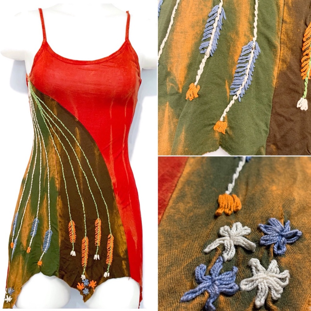 Boho Viscose Red Embroidered Long Top Tank SM